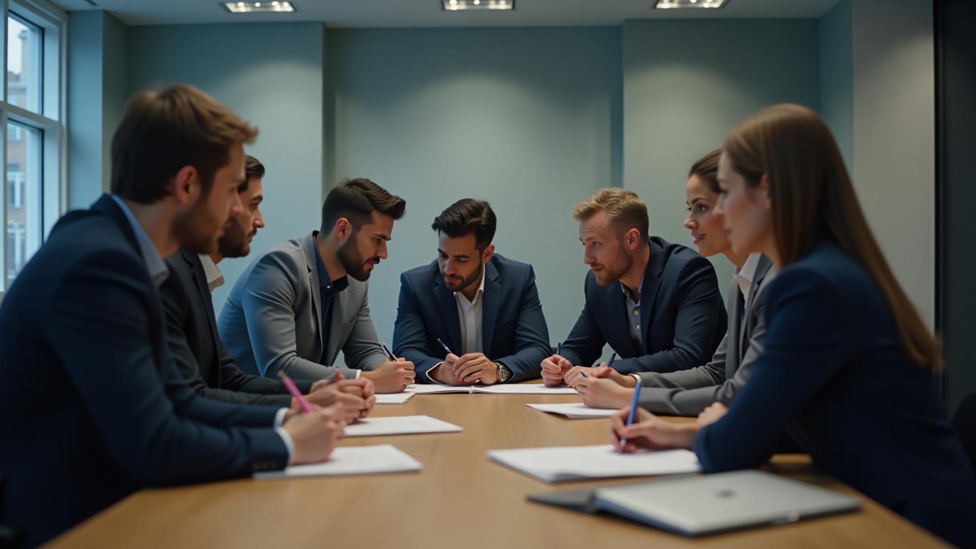 A focused leadership team collaborating in a modern, light-filled UK office space